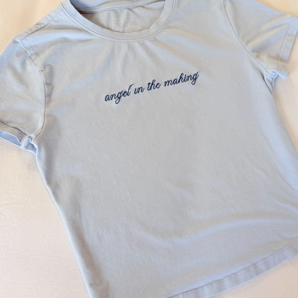 Angel in the Making Embroidered Blue Raglan Baby Tee Womens Crew Neck Top